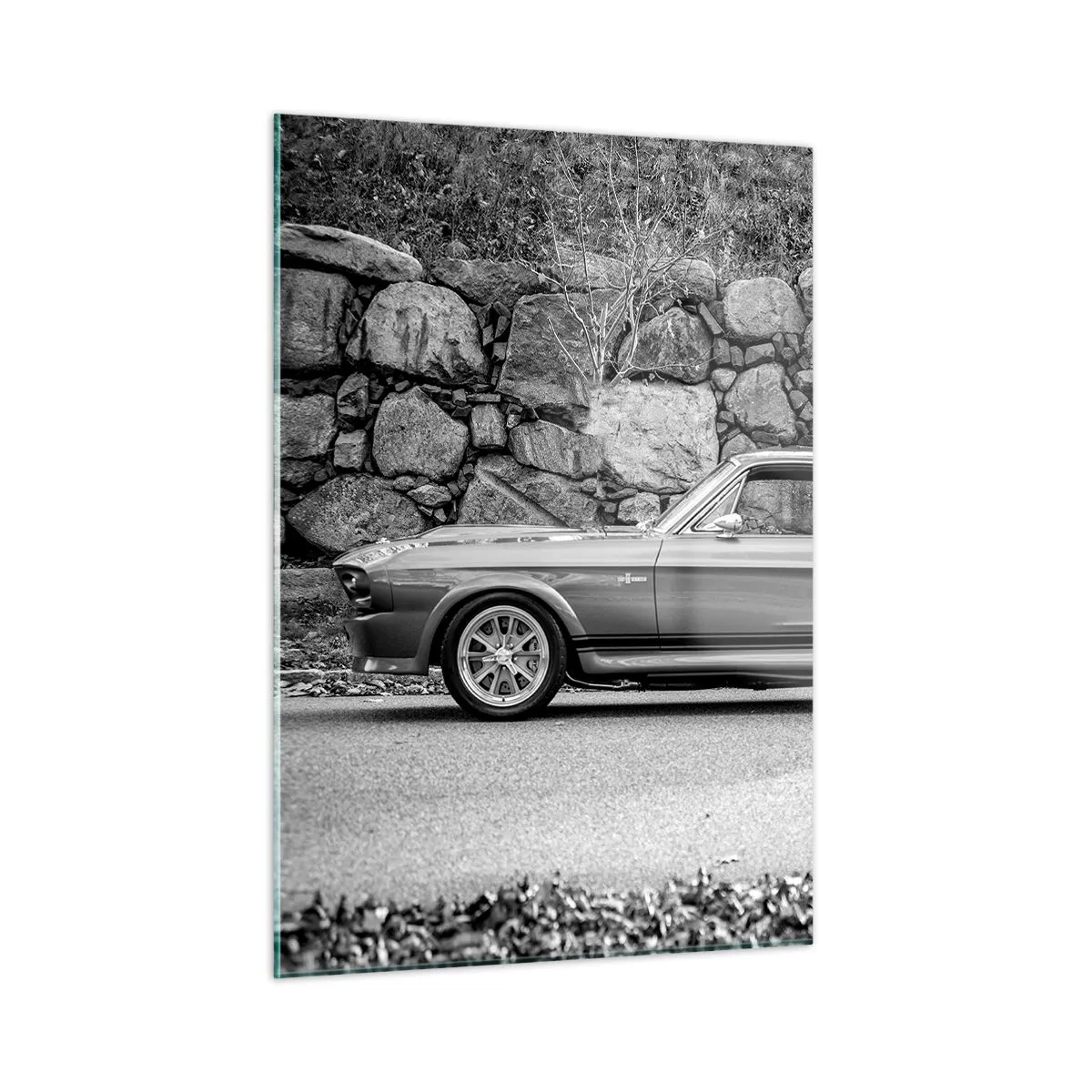 Glasbild - Bild auf glas - Ein Oldtimer vor einer Steinmauer - 50x70cm - Die Legende der 1960er - Moderne Wanddekoration für Wohnzimmer und Schlafzimmer ARTTOR