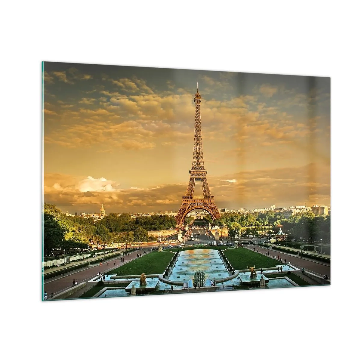 Glasbild - Bild auf glas - Der Eiffelturm, umgeben von Pariser Gärten bei Sonnenuntergang - 100x70cm - Königin von Paris - Moderne Wanddekoration für Wohnzimmer und Schlafzimmer ARTTOR