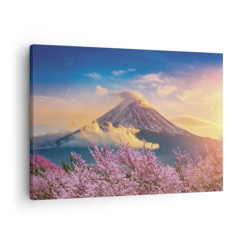 Bild auf Leinwand - Leinwandbild - Mount Fuji mit Kirschblüten im Hintergrund bei Sonnenuntergang - 70x50cm - Japanische Heiligkeit - Moderne Wanddekoration für Wohnzimmer und Schlafzimmer ARTTOR