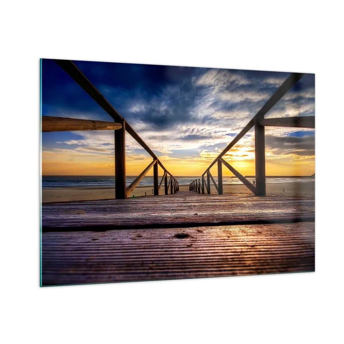 Glasbild - Bild auf glas - Pier, der bei Sonnenuntergang zum Strand führt - 100x70cm - Direkt zum ruhigen Strand bei Sonnenuntergang - Moderne Wanddekoration für Wohnzimmer und Schlafzimmer ARTTOR