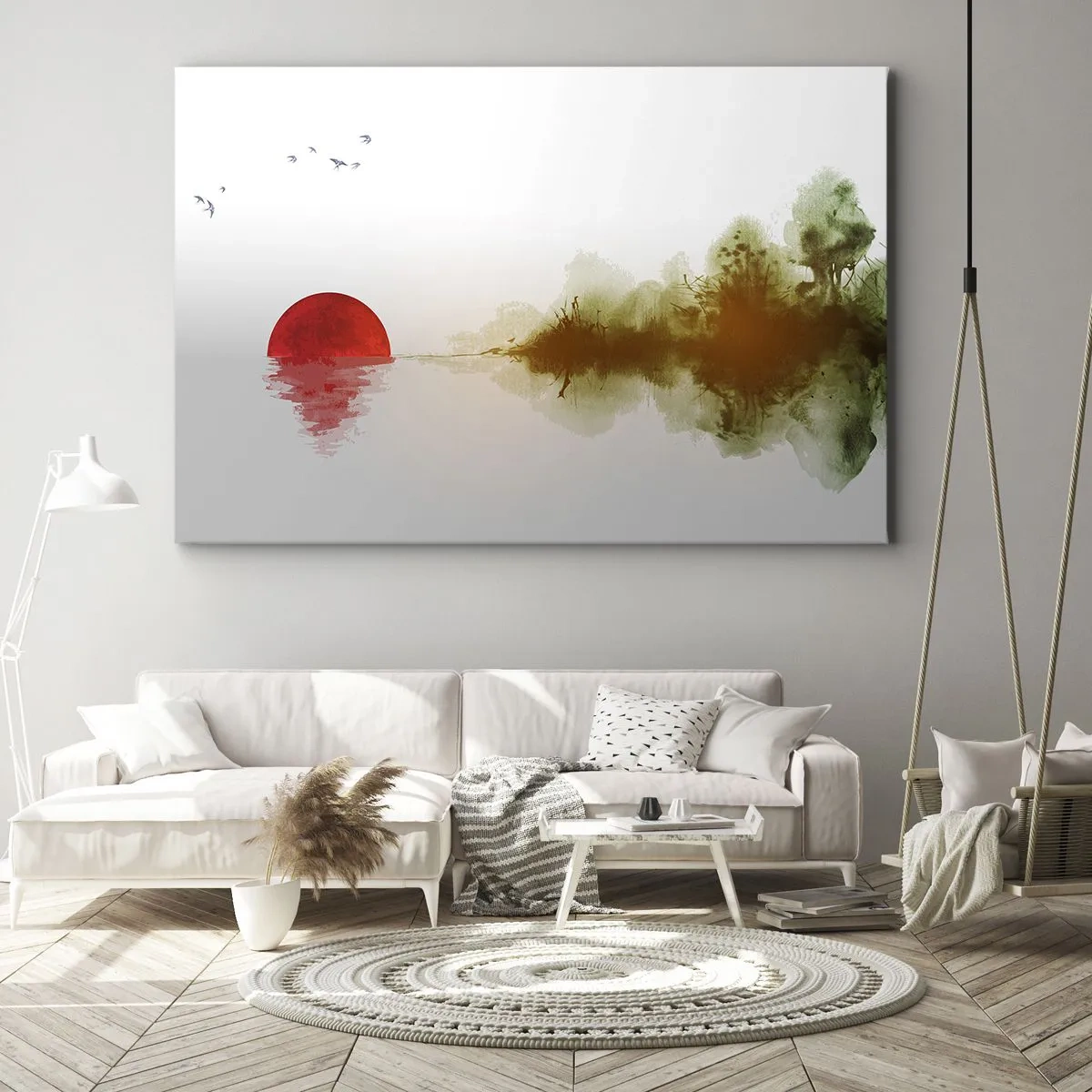 Bild auf Leinwand - Leinwandbild - Abstrakter Sonnenuntergang über einem See mit Reflexion - 120x80cm - Versprechen der Ruhe - Moderne Wanddekoration für Wohnzimmer und Schlafzimmer ARTTOR
