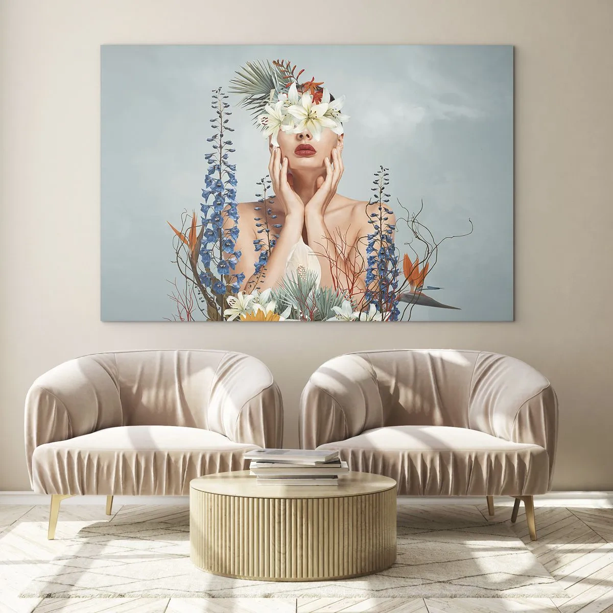 Glasbild - Bild auf glas - Frauenfigur mit Blumenkranz und Blumenarrangement - 70x50cm - Frau - Blume - Moderne Wanddekoration für Wohnzimmer und Schlafzimmer ARTTOR