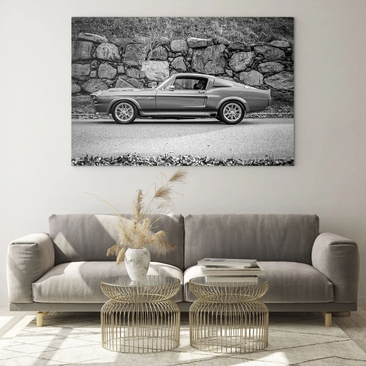 Glasbild - Bild auf glas - Ein Oldtimer vor einer Steinmauer - 70x50cm - Die Legende der 1960er - Moderne Wanddekoration für Wohnzimmer und Schlafzimmer ARTTOR
