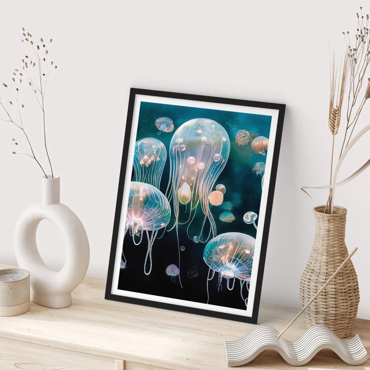 Poster in einem schwarzem Rahmen - Subtile Quallen schwimmen im Meer - 50x70cm - Unterwasserball - Moderne Wanddekoration für Wohnzimmer und Schlafzimmer ARTTOR