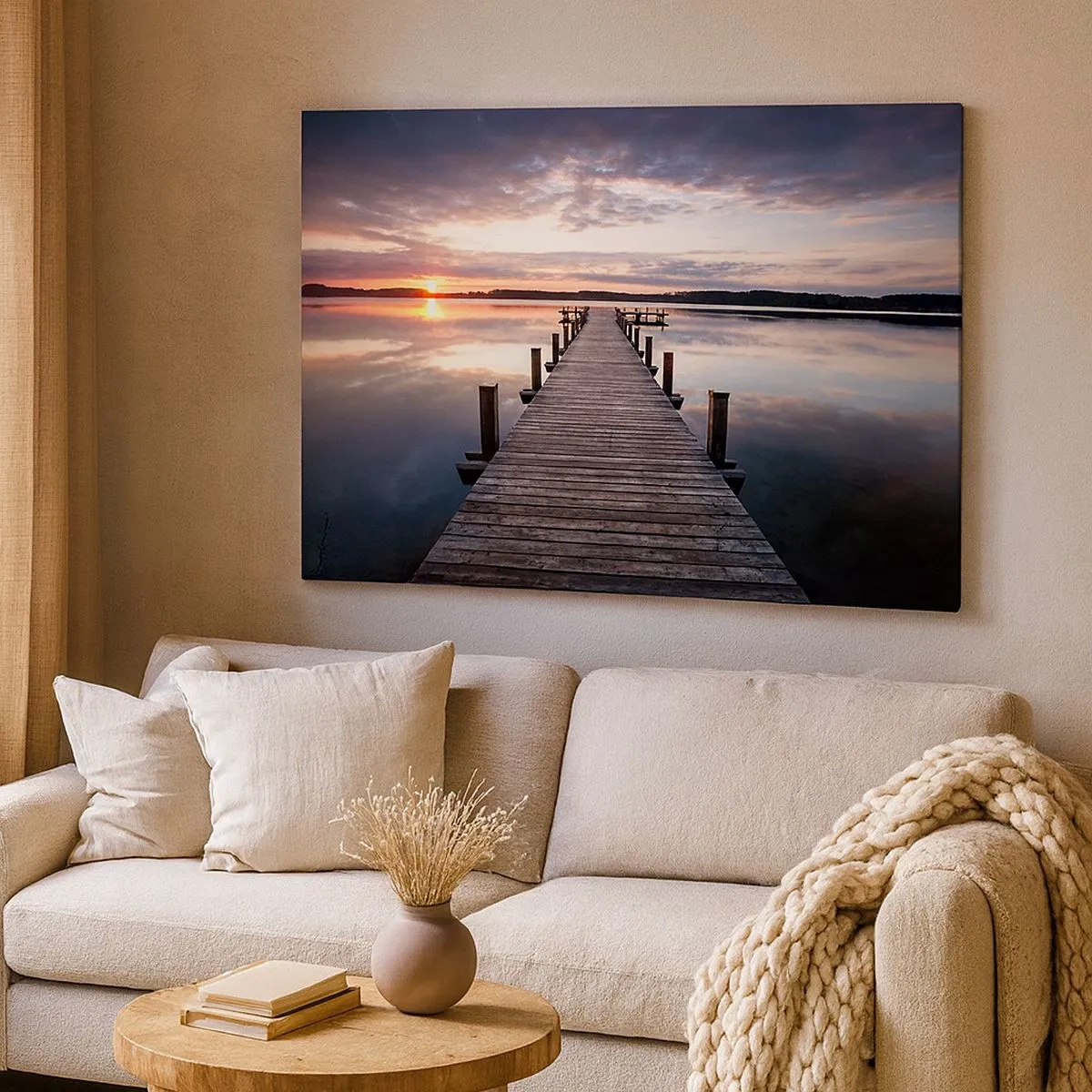 Bild auf Leinwand - Leinwandbild - Ein Pier an einem See bei Sonnenuntergang in einer friedlichen Landschaft - 70x50cm - Eine stille Grenze zwischen Tag und Nacht - Moderne Wanddekoration für Wohnzimmer und Schlafzimmer ARTTOR