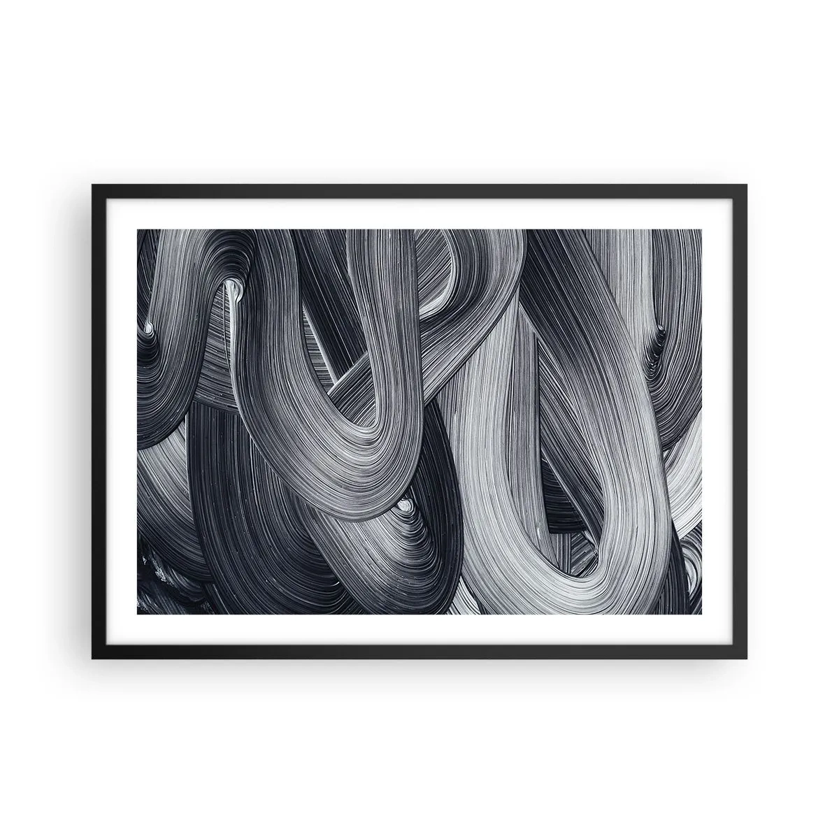 Poster in einem schwarzem Rahmen - Schwarz-Weiß-Abstraktion mit dynamischen Pinselstrichen. - 70x50cm - Die Fließfähigkeit der Realität - Moderne Wanddekoration für Wohnzimmer und Schlafzimmer ARTTOR
