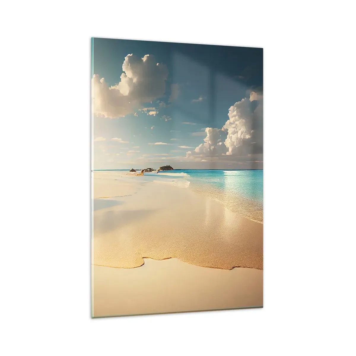 Glasbild - Bild auf glas - Ein sonniger Strand mit blauem Meer und Felsen - 80x120cm - Erträumter Tag - Moderne Wanddekoration für Wohnzimmer und Schlafzimmer ARTTOR