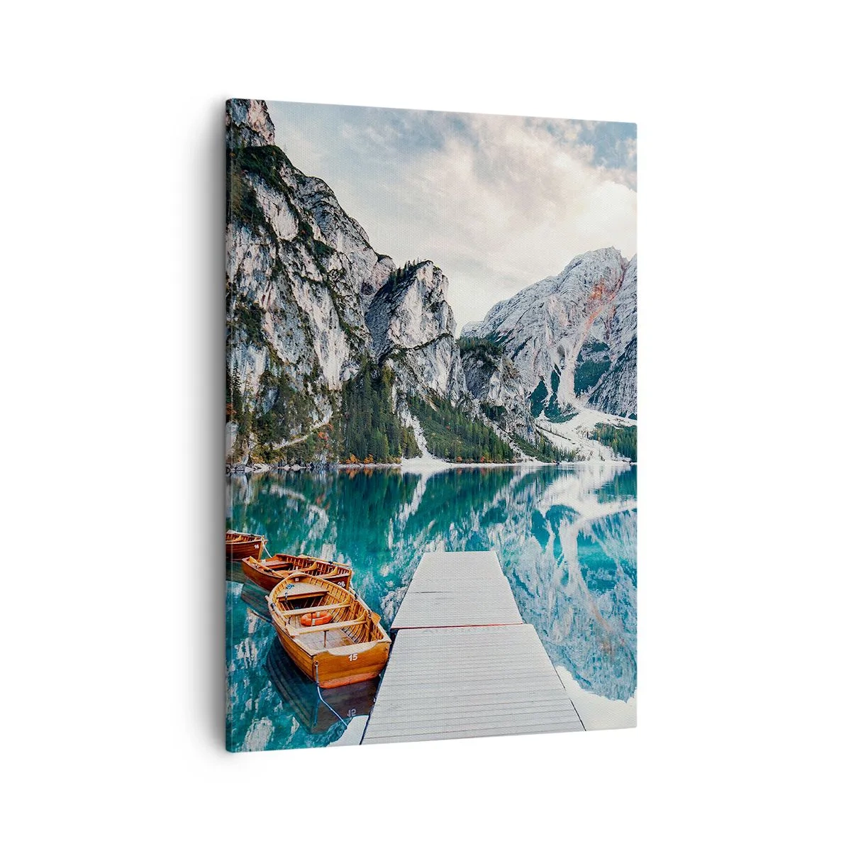 Bild auf Leinwand - Leinwandbild - Ein See mit Booten, umgeben von Bergen - 50x70cm - Wir zeigen Ihnen Schönheit - Moderne Wanddekoration für Wohnzimmer und Schlafzimmer ARTTOR