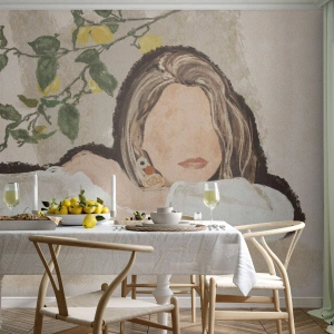 Fototapete Standard Eco - Südländische Schönheit - Frau, Zitronen, Minimalismus - 150x105 cm