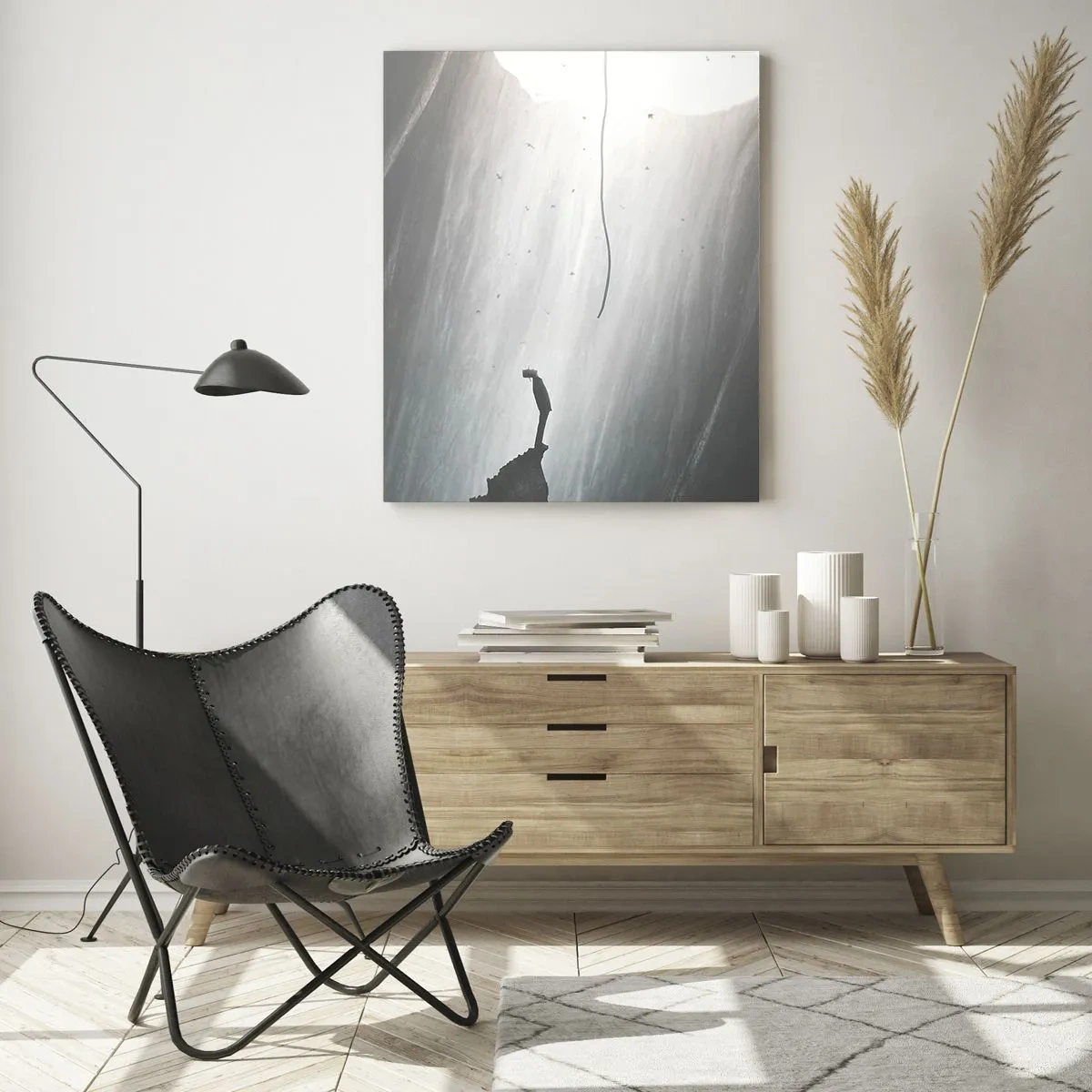 Glasbild - Bild auf glas - Silhouette eines Mannes auf dem Boden einer Höhle mit Blick auf das Licht - 80x120cm - Es gibt immer einen Ausweg - Moderne Wanddekoration für Wohnzimmer und Schlafzimmer ARTTOR