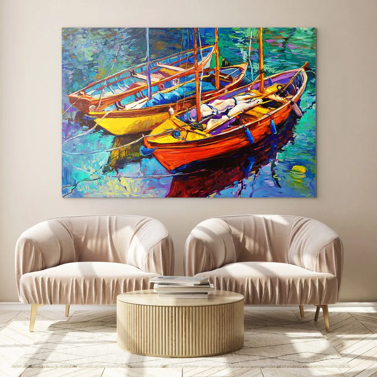 Glasbild - Bild auf glas - Bunte Boote auf ruhigem Wasser - 100x70cm - Auf Wasser dick mit Farben - Moderne Wanddekoration für Wohnzimmer und Schlafzimmer ARTTOR