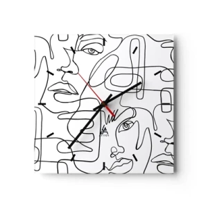 Wanduhr - Glasuhr - Eine minimalistische Zeichnung eines Gesichts mit Linien auf hellem Hintergrund. - 30x30cm - In verworrenen Gefühlen - Moderne Wanddekoration für Wohnzimmer und Schlafzimmer ARTTOR