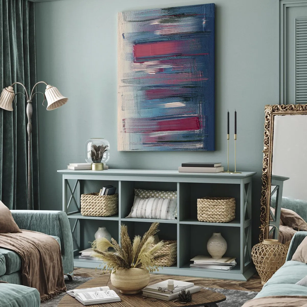 Bild auf Leinwand - Leinwandbild - Vertikale Komposition in Blau und Rot - 45x80 cm