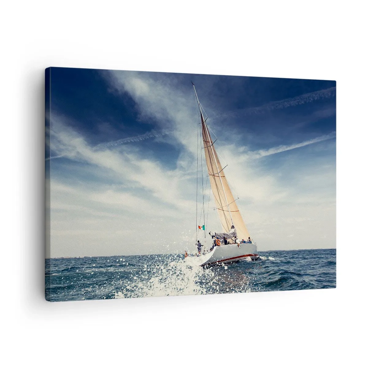 Bild auf Leinwand - Leinwandbild - Ein Segelboot auf stürmischer See unter blauem Himmel - 70x50cm - Sie werden uns nicht einholen! - Moderne Wanddekoration für Wohnzimmer und Schlafzimmer ARTTOR