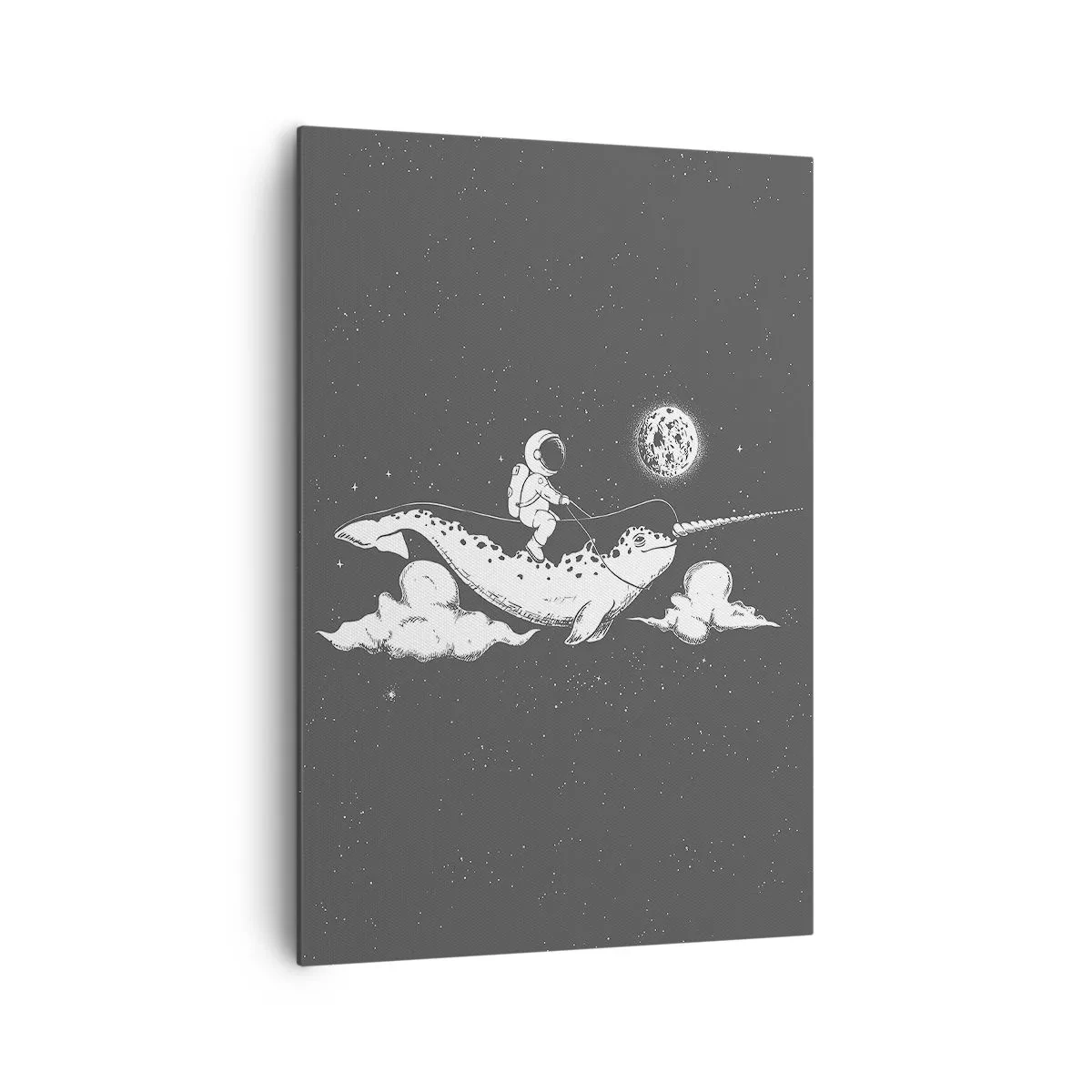 Bild auf Leinwand - Leinwandbild - Ein Astronaut auf dem Rücken eines Narwals, der in einer Weltraumszene schwimmt. - 70x100cm - Weltraumreiter - Moderne Wanddekoration für Wohnzimmer und Schlafzimmer ARTTOR