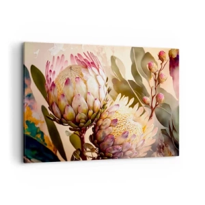 Bild auf Leinwand - Leinwandbild - Bunte Protea-Blüten auf zartem Hintergrund - 120x80cm - Zärtlich umarmt - Moderne Wanddekoration für Wohnzimmer und Schlafzimmer ARTTOR