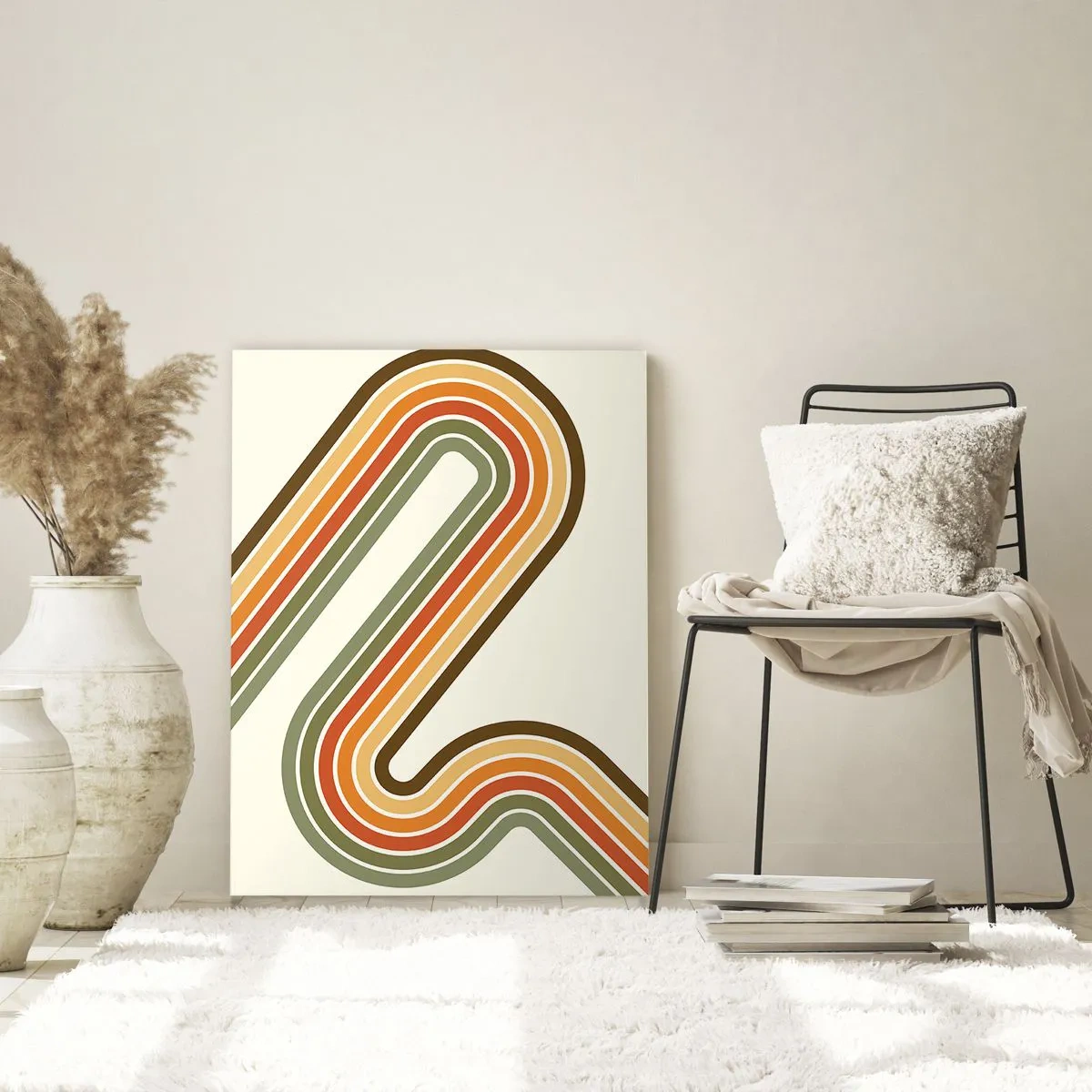 Glasbild - Bild auf glas - Geometrische Abstraktion im Retro-Stil mit Wellenlinien - 50x70cm - Zickzack zum Ziel - Moderne Wanddekoration für Wohnzimmer und Schlafzimmer ARTTOR
