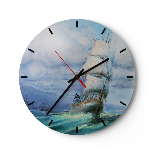 Wanduhr - Glasuhr - Ein Segelschiff in rauer See unter bewölktem Himmel - 30x30cm - Guter Wind - Moderne Wanddekoration für Wohnzimmer, Küche und Schlafzimmer ARTTOR