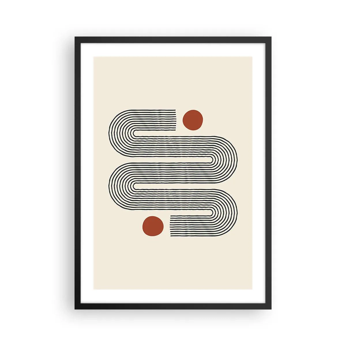 Poster in einem schwarzem Rahmen - Geometrisches Muster mit Linien und roten Kreisen - 50x70cm - Vom Anfang bis zum Ende - Moderne Wanddekoration für Wohnzimmer und Schlafzimmer ARTTOR