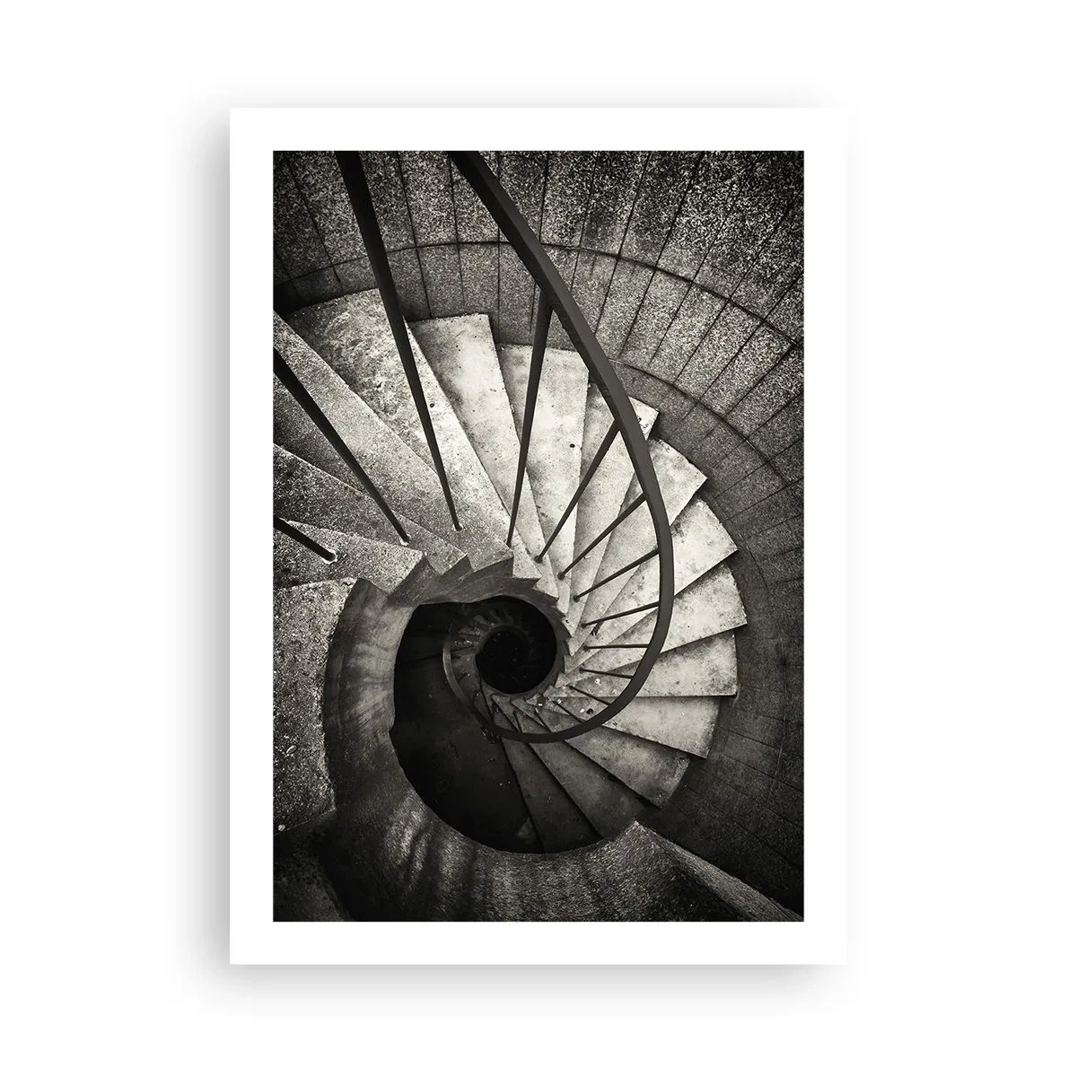Poster - Schwarz-Weiß-Fotografie einer Wendeltreppe von oben - 50x70cm - Treppe hoch, Treppe runter - Moderne Wanddekoration für Wohnzimmer und Schlafzimmer ARTTOR
