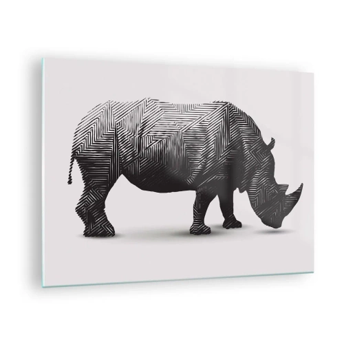 Glasbild - Bild auf glas - Schwarz-weißes Nashorn mit geometrischen Mustern - 70x50cm - Geometrische Schönheit der Natur - Moderne Wanddekoration für Wohnzimmer und Schlafzimmer ARTTOR