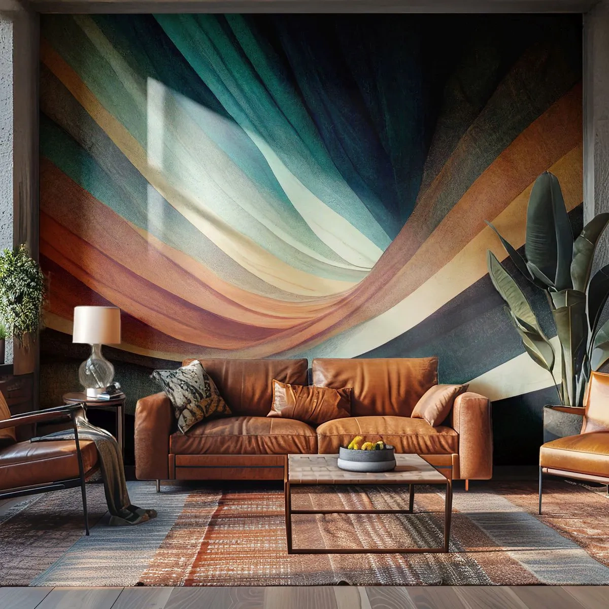 Fototapete Premium Canvas - Abstrakte Wellen in warmen und kühlen Farbtönen - 100x70cm - Aus Farben gewebt - Moderne Wanddekoration für Wohnzimmer und Schlafzimmer ARTTOR