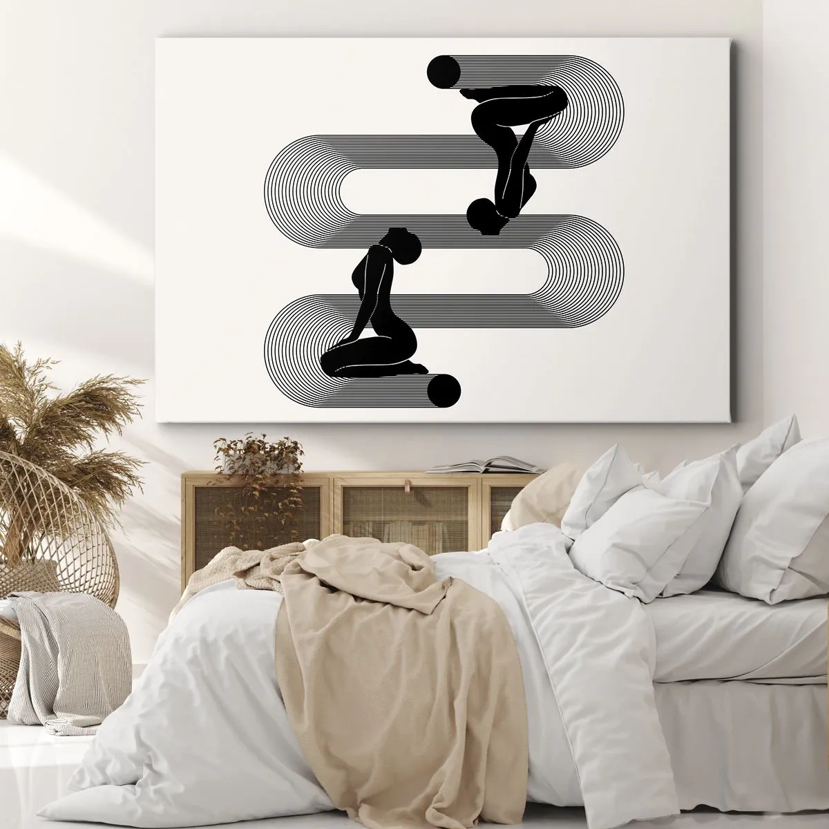 Bild auf Leinwand - Leinwandbild - Schwarze Silhouetten mit geometrischen Linien auf hellem Hintergrund - 100x70cm - Sinnliche Symmetrie - Moderne Wanddekoration für Wohnzimmer und Schlafzimmer ARTTOR