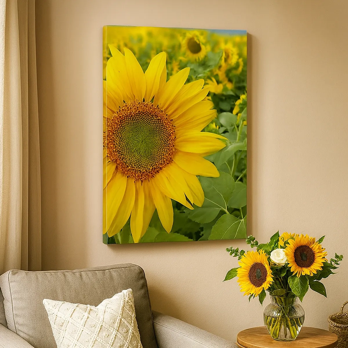 Bild auf Leinwand - Leinwandbild - Ein Feld mit Sonnenblumen und gelben Blüten vor einem Hintergrund aus grünen Blättern - 50x70cm - Hunderte von Sonnen flammten auf - Moderne Wanddekoration für Wohnzimmer und Schlafzimmer ARTTOR