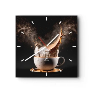 Wanduhr - Glasuhr - Eine Tasse Kaffee mit einer dynamischen Flüssigkeitsexplosion auf schwarzem Hintergrund. - 30x30cm - Geschmacksexplosion - Moderne Wanddekoration für Wohnzimmer und Schlafzimmer ARTTOR