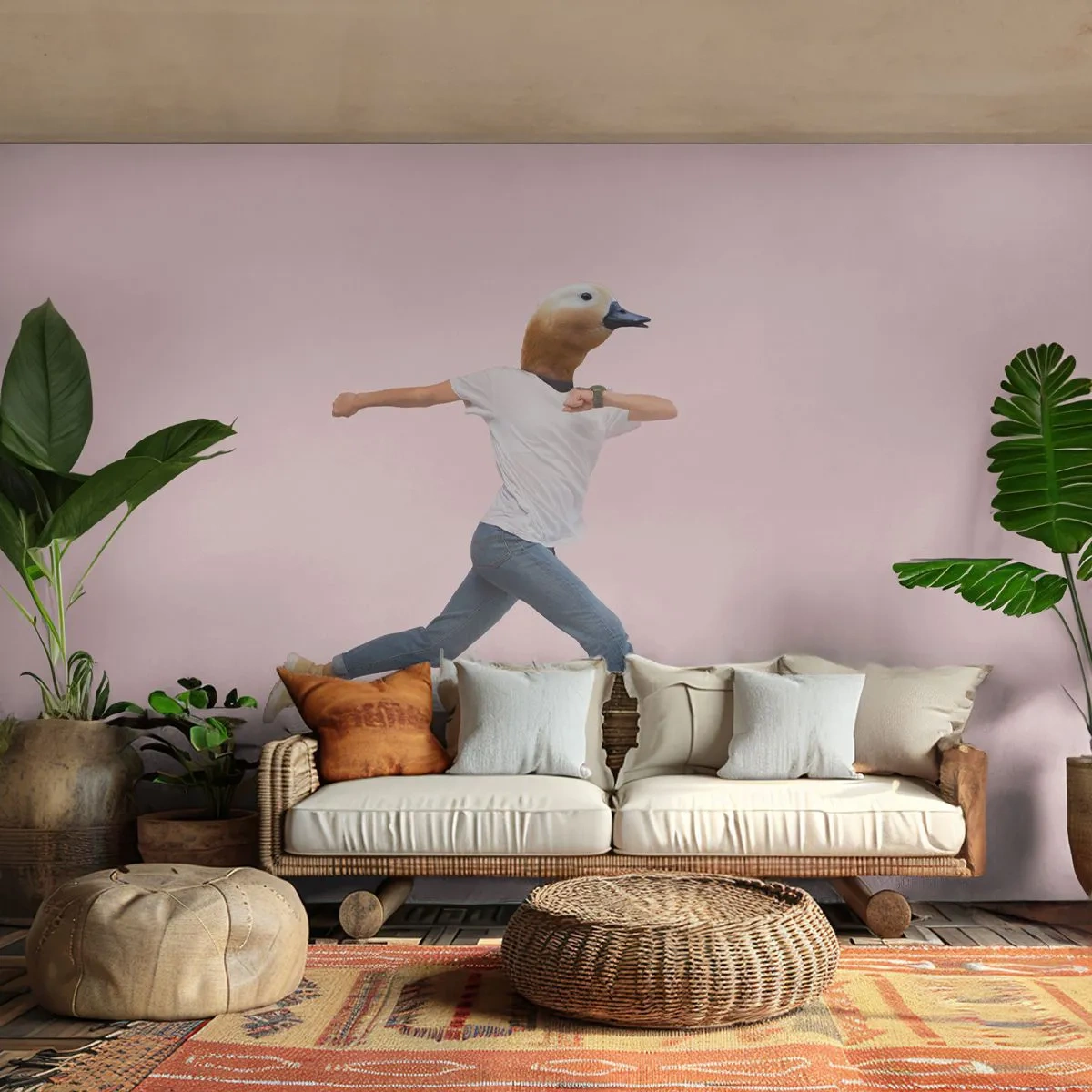 Fototapete Premium Sand - Eine surrealistische Figur eines Mannes mit einem Vogelkopf auf einem rosa Hintergrund. - 100x70cm - Eine Prise Absurdität - Moderne Wanddekoration für Wohnzimmer und Schlafzimmer ARTTOR