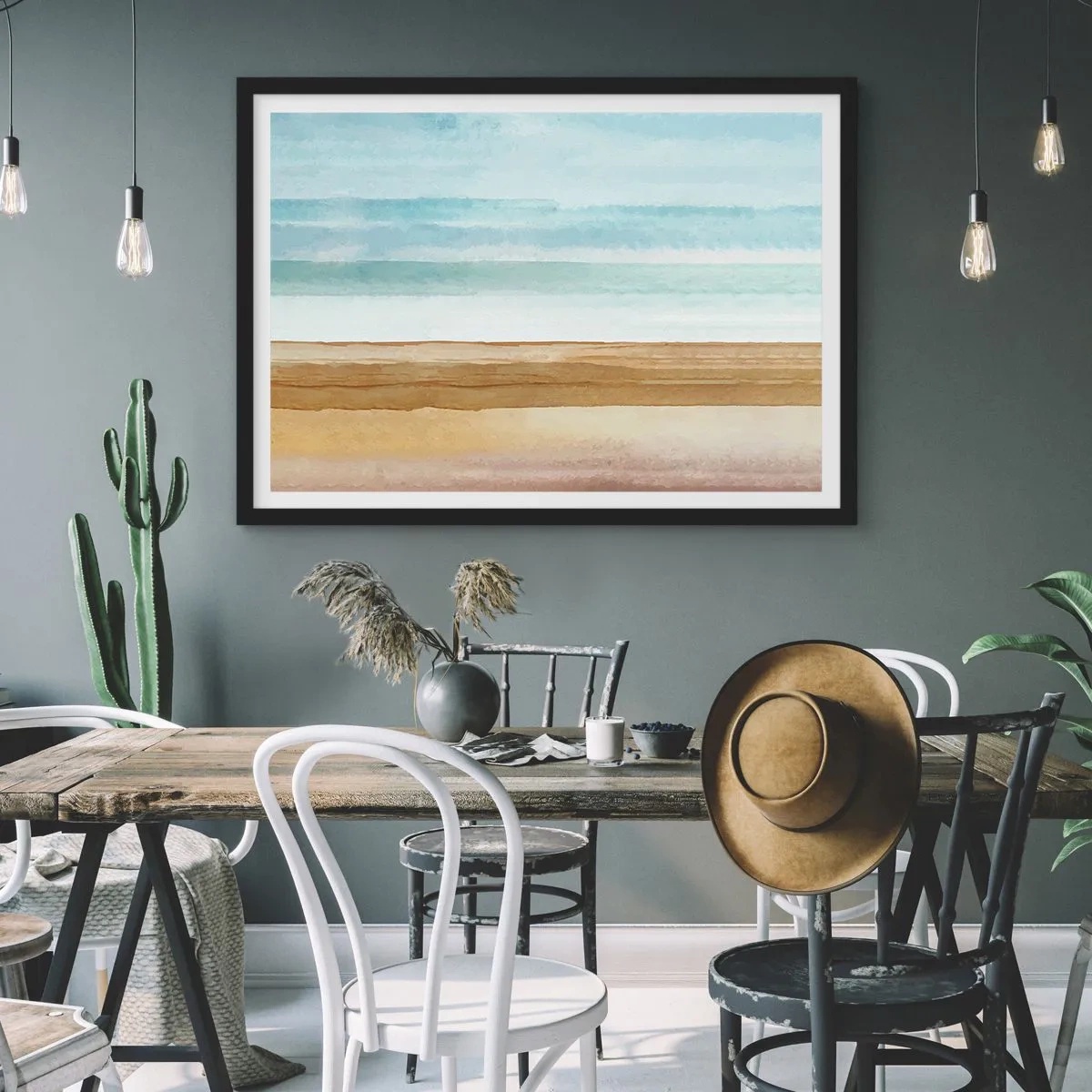 Poster in einem schwarzem Rahmen - Abstrakte Strandlandschaft in Pastelltönen - 70x50cm - Trost - Moderne Wanddekoration für Wohnzimmer und Schlafzimmer ARTTOR