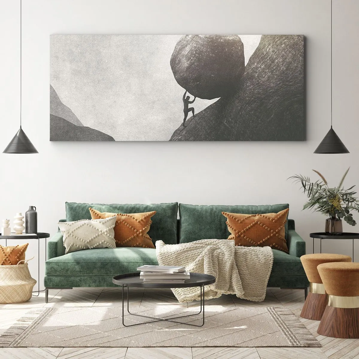 Bild auf Leinwand - Leinwandbild - Ein Mann klettert einen riesigen Felsbrocken einen Hügel hinauf - 140x50cm - Ich glaube wider alle Hoffnung - Moderne Wanddekoration für Wohnzimmer und Schlafzimmer ARTTOR