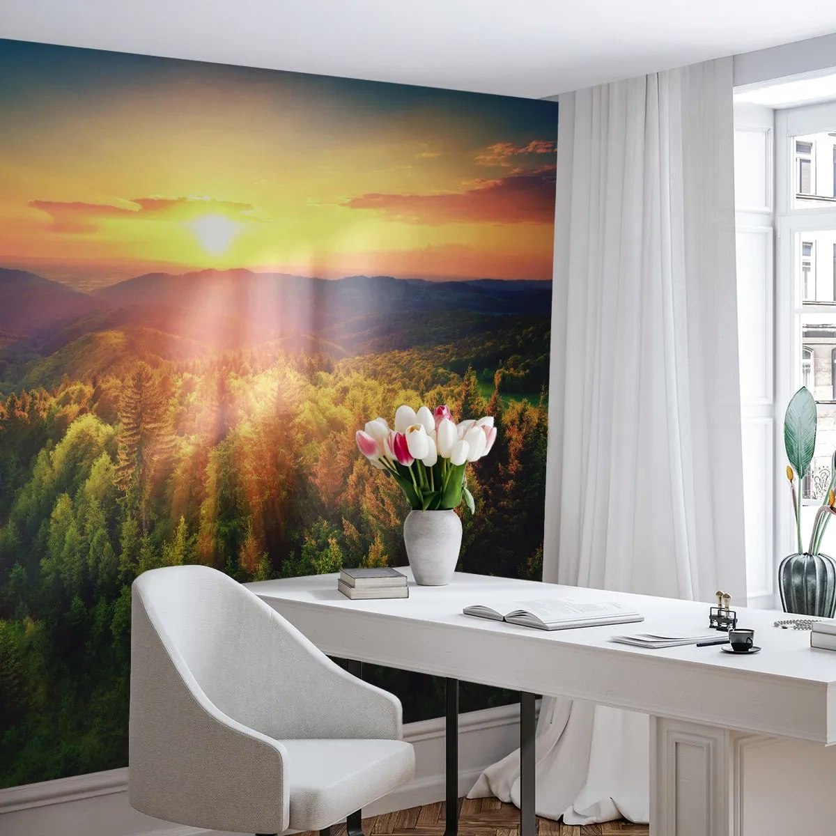 Fototapete Premium Sand - Sonnenuntergang über dem Bergwald in warmen Farben - 100x70cm - Scheitelpunkte und Spitzen - Moderne Wanddekoration für Wohnzimmer und Schlafzimmer ARTTOR