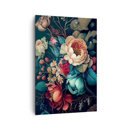 Bild auf Leinwand - Leinwandbild - Eine farbenfrohe Blumenkomposition auf dunklem Hintergrund - 70x100cm - Charme des 19. Jahrhunderts - Moderne Wanddekoration für Wohnzimmer und Schlafzimmer ARTTOR