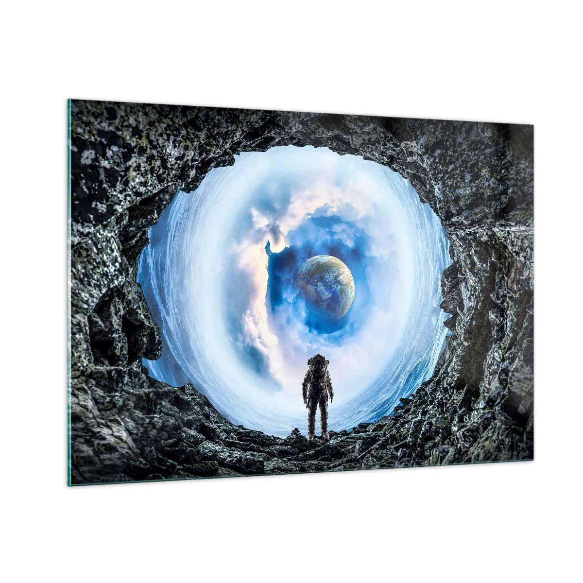 Glasbild - Bild auf glas - Ein Astronaut blickt aus einer Felsenhöhle auf die Erde. - 100x70cm - Es ist nicht weit von zu Hause - Moderne Wanddekoration für Wohnzimmer und Schlafzimmer ARTTOR