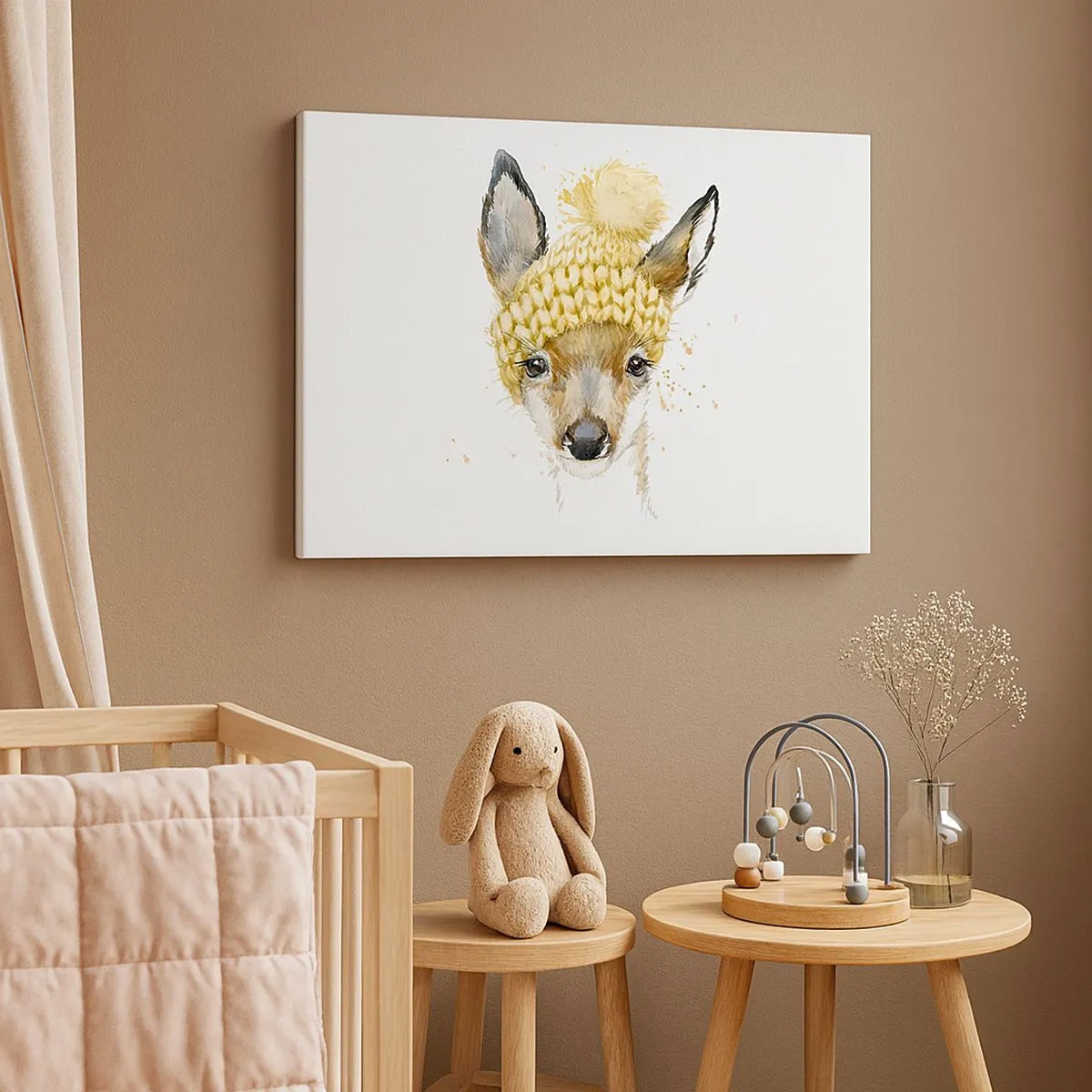 Bild auf Leinwand - Leinwandbild - Aquarell Hirsch in einer gelben Mütze - 70x50cm - Für den Winter im verschneiten Wald - Moderne Wanddekoration für Wohnzimmer und Schlafzimmer ARTTOR