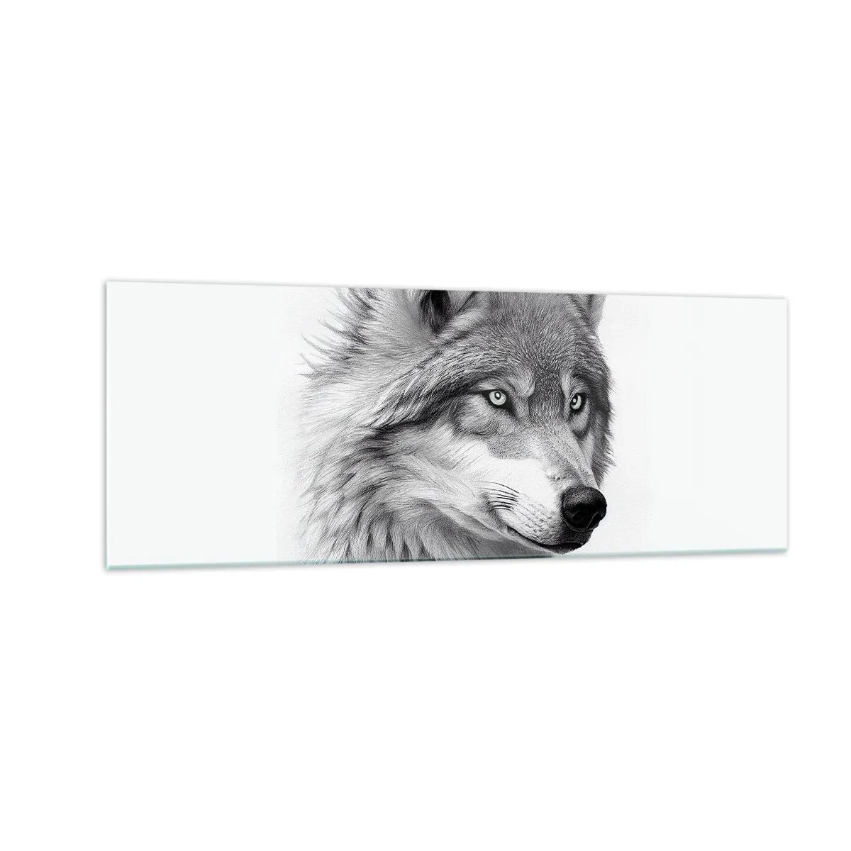 Glasbild - Bild auf glas - Ein realistisches Porträt eines Wolfes in Grautönen. - 140x50cm - Alpha – ohne Zweifel - Moderne Wanddekoration für Wohnzimmer und Schlafzimmer ARTTOR