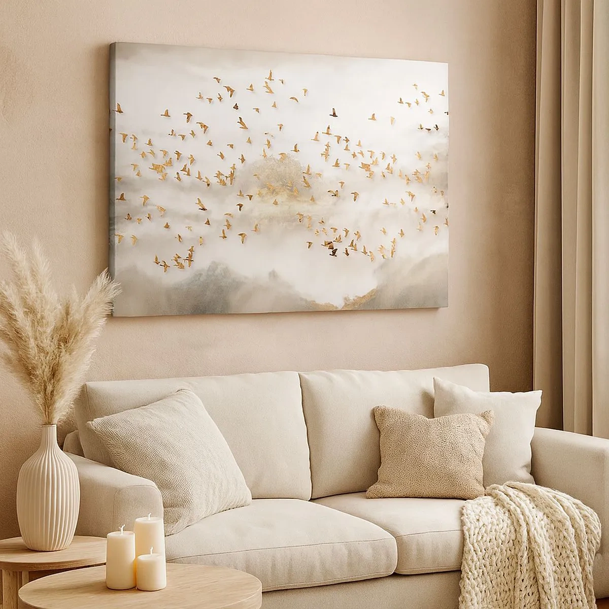 Bild auf Leinwand - Leinwandbild - Goldene Vögel vor den nebligen Bergen - 70x50cm - Es ist schon die Zeit… - Moderne Wanddekoration für Wohnzimmer und Schlafzimmer ARTTOR