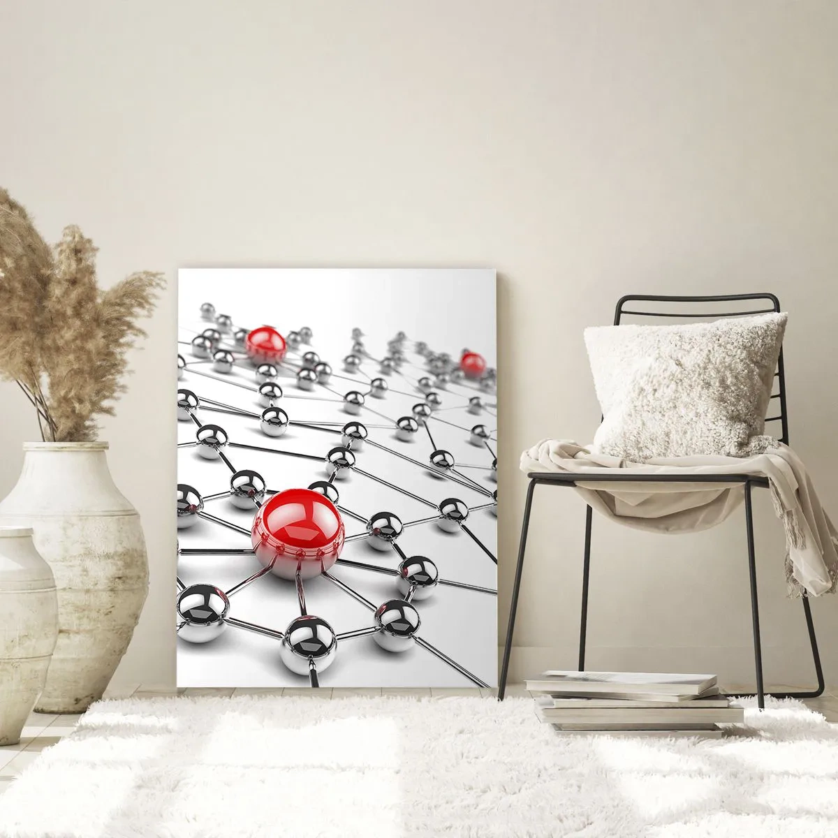 Glasbild - Bild auf glas - Ein Netzwerk aus metallischen Kugeln mit roten Akzenten - 70x100cm - Silbriges Netz - Moderne Wanddekoration für Wohnzimmer und Schlafzimmer ARTTOR