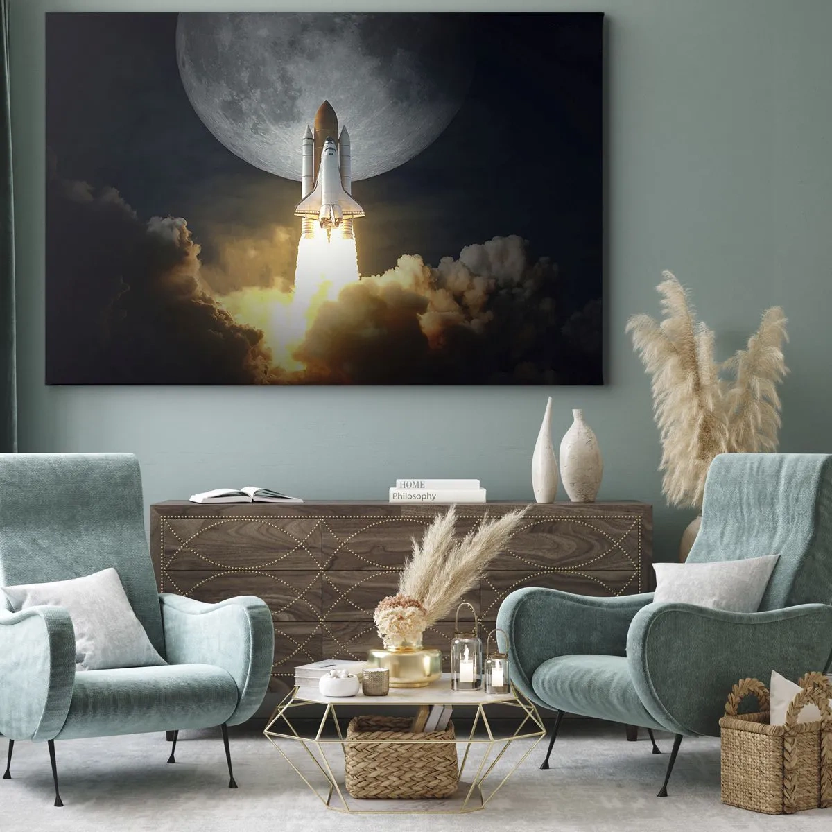 Bild auf Leinwand - Leinwandbild - Eine Rakete hebt vor dem Hintergrund eines Vollmonds ab, umgeben von dynamischen Wolken. - 70x50cm - Beginn eines überirdischen Abenteuers - Moderne Wanddekoration für Wohnzimmer und Schlafzimmer ARTTOR