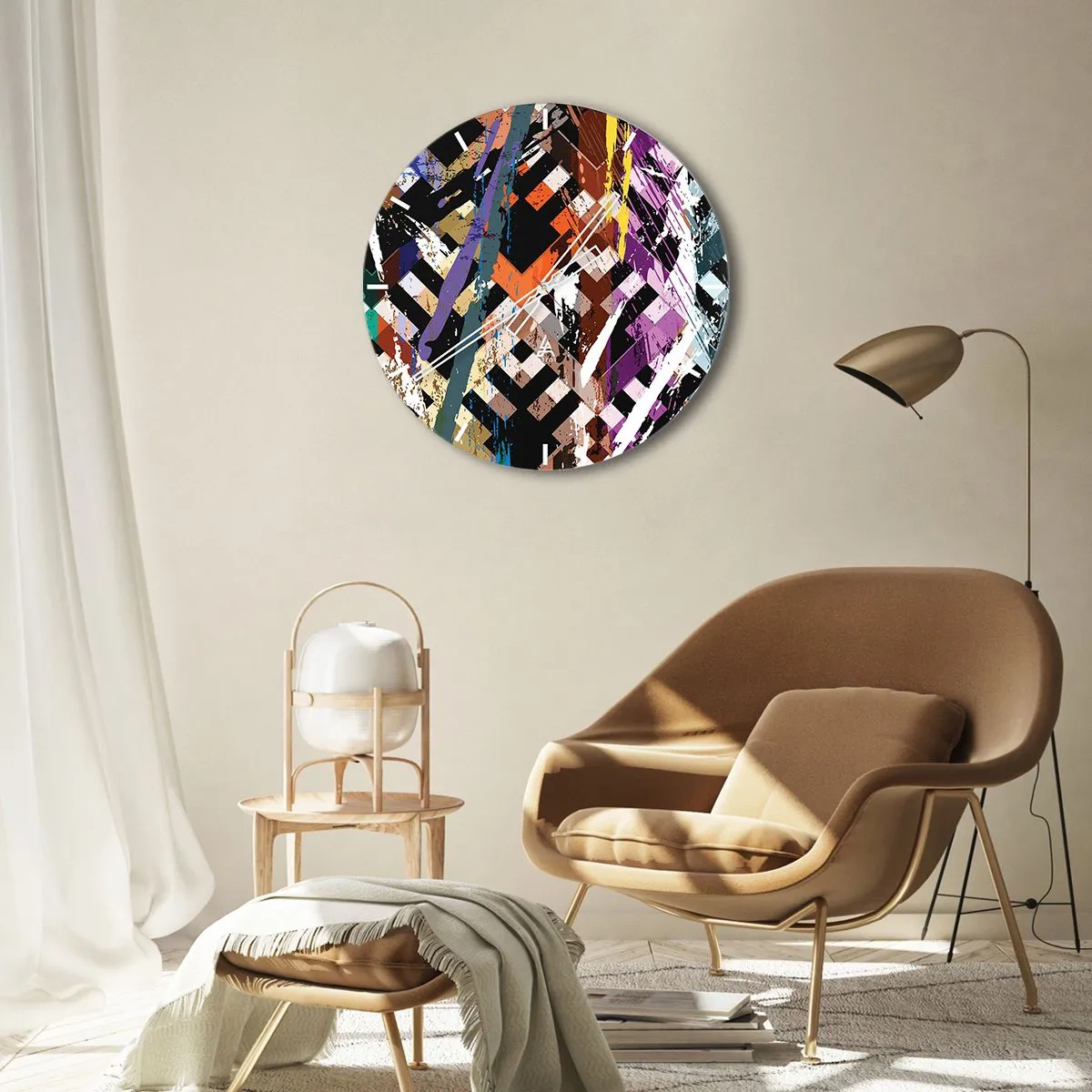 Wanduhr - Glasuhr - Geometrische Muster in intensiven Farben mit abstrakter Wirkung - 30x30cm - Quadriert - Moderne Wanddekoration für Wohnzimmer, Küche und Schlafzimmer ARTTOR