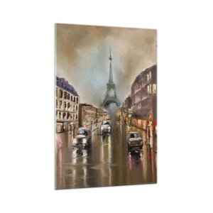 Glasbild - Bild auf glas - Abendliches Straßenbild von Paris mit Blick auf den Eiffelturm - 70x100cm - Nur sie zählt - Moderne Wanddekoration für Wohnzimmer und Schlafzimmer ARTTOR