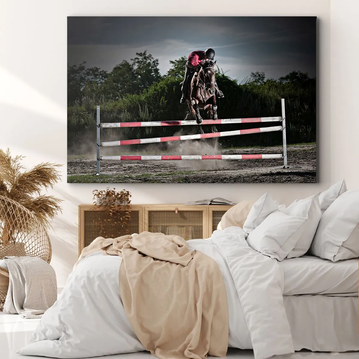Bild auf Leinwand - Leinwandbild - Ein Reiter auf einem Pferd springt über ein Hindernis auf einer Rennbahn - 70x50cm - Gemeinsam zum Sieg - Moderne Wanddekoration für Wohnzimmer und Schlafzimmer ARTTOR