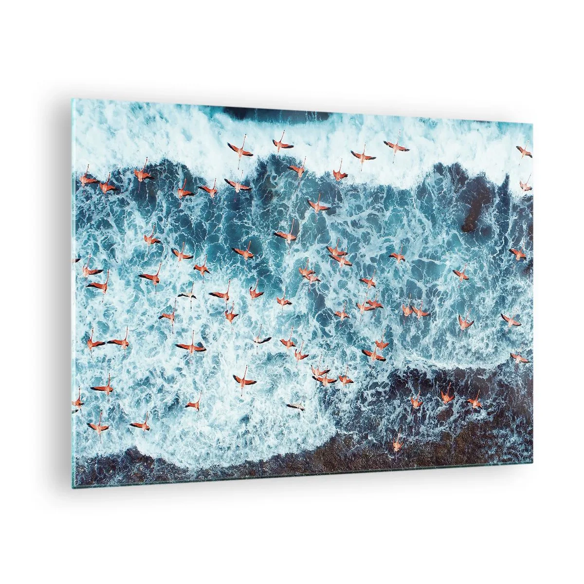 Glasbild - Bild auf glas - Rosa Flamingos über den rauen Meereswellen - 70x50cm - Die Küstenparade - Moderne Wanddekoration für Wohnzimmer und Schlafzimmer ARTTOR