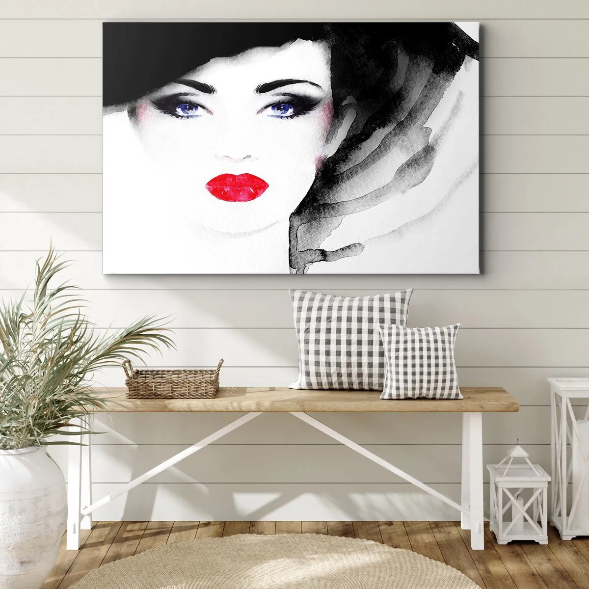 Bild auf Leinwand - Leinwandbild - Porträt einer Frau mit roten Lippen und intensiven blauen Augen - 100x70cm - Er drückt zurück und ruft an - Moderne Wanddekoration für Wohnzimmer und Schlafzimmer ARTTOR