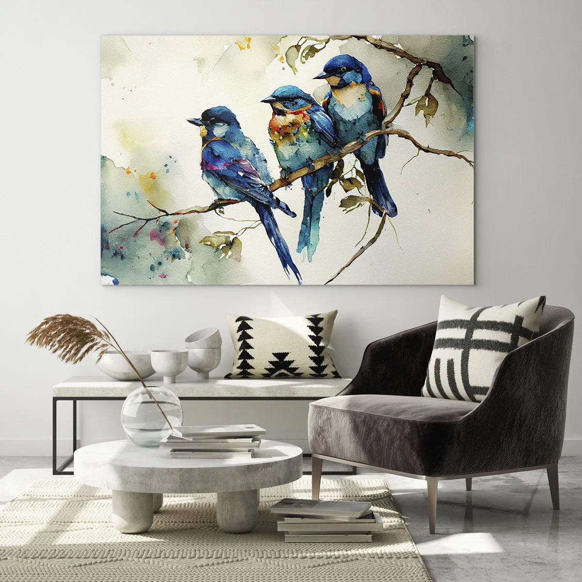 Glasbild - Bild auf glas - Bunte Vögel sitzen auf einem Ast in Aquarell - 70x50cm - War er beleidigt? - Moderne Wanddekoration für Wohnzimmer und Schlafzimmer ARTTOR