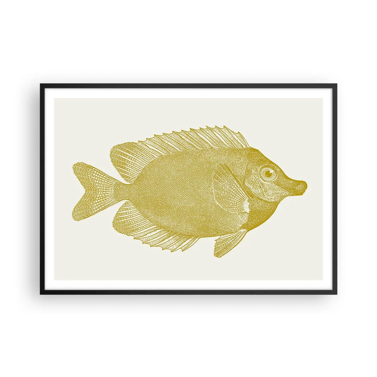 Poster in einem schwarzem Rahmen - Vintage Goldfisch auf hellem Hintergrund - 100x70cm - Fisch und das war’s - Moderne Wanddekoration für Wohnzimmer und Schlafzimmer ARTTOR