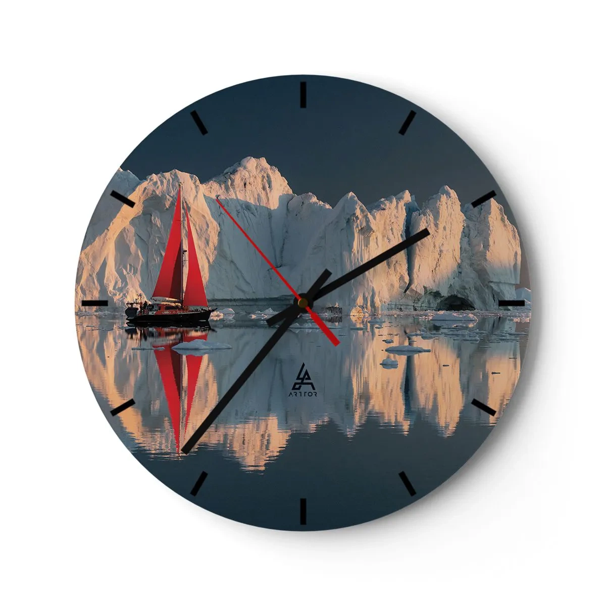 Wanduhr - Glasuhr - Ein Segelboot mit roten Segeln vor dem Hintergrund von Eisbergen - 30x30cm - Am Rande der Welt - Moderne Wanddekoration für Wohnzimmer, Küche und Schlafzimmer ARTTOR