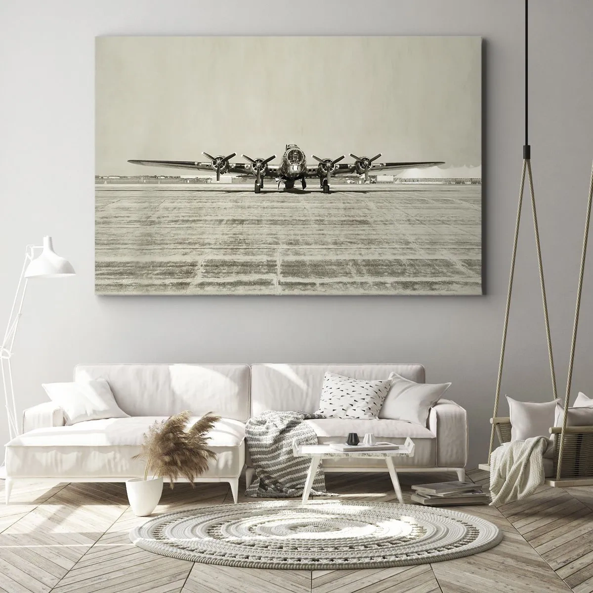 Bild auf Leinwand - Leinwandbild - Historisches Flugzeug auf dem Flughafen in Sepia - 100x70cm - Wie immer bereit - Moderne Wanddekoration für Wohnzimmer und Schlafzimmer ARTTOR