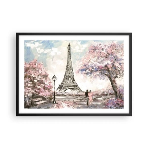 Poster in einem schwarzem Rahmen - Der Eiffelturm, umgeben von blühenden Bäumen - 70x50cm - Aprilspaziergang durch Paris - Moderne Wanddekoration für Wohnzimmer und Schlafzimmer ARTTOR